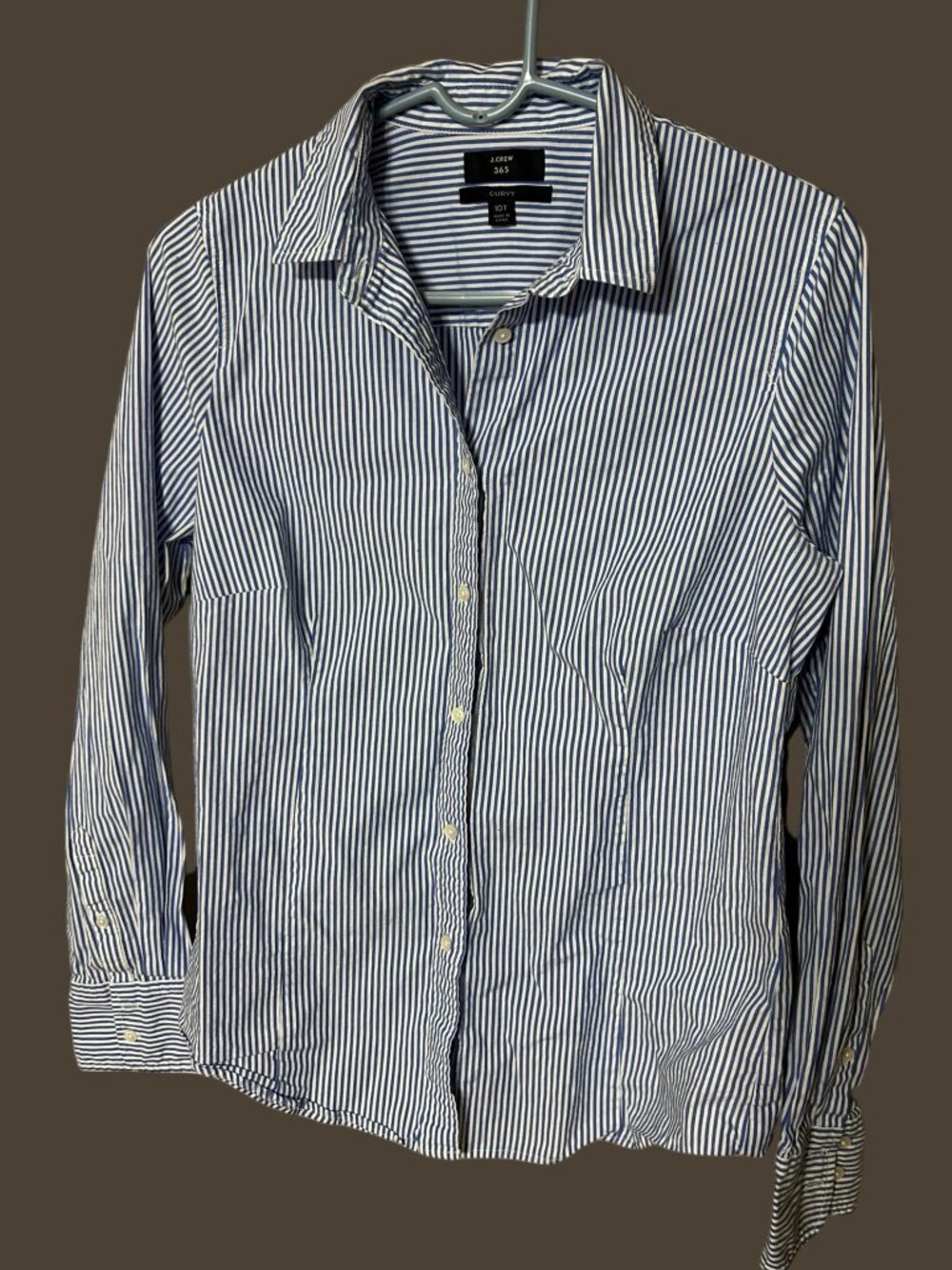 J.Crew 365 Curvy Women’s 10 Tall Blue White Striped Button Up Shirt Long Sleeve